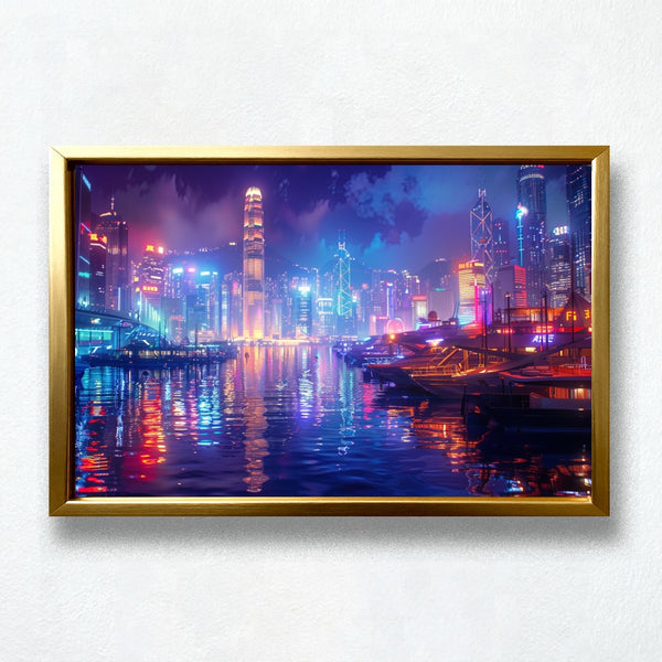 Neon Harbor Paint by Numbers | Futuristic City Skyline & Yacht Reflections