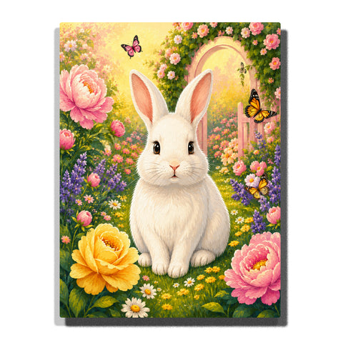Custom white rabbit pet portrait Paint by Numbers artwork transforming a pet photo into a fantasy flower garden rabbit with roses, butterflies and colorful botanical background