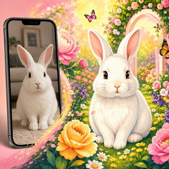 Custom white rabbit pet portrait Paint by Numbers artwork transforming a pet photo into a fantasy flower garden rabbit with roses, butterflies and colorful botanical background