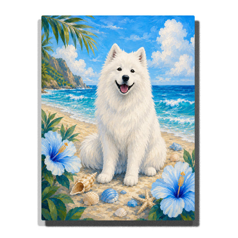 Custom white Samoyed dog portrait paint by numbers preview with pet photo on a phone and finished beach portrait with seashells, ocean waves, and blue flowers