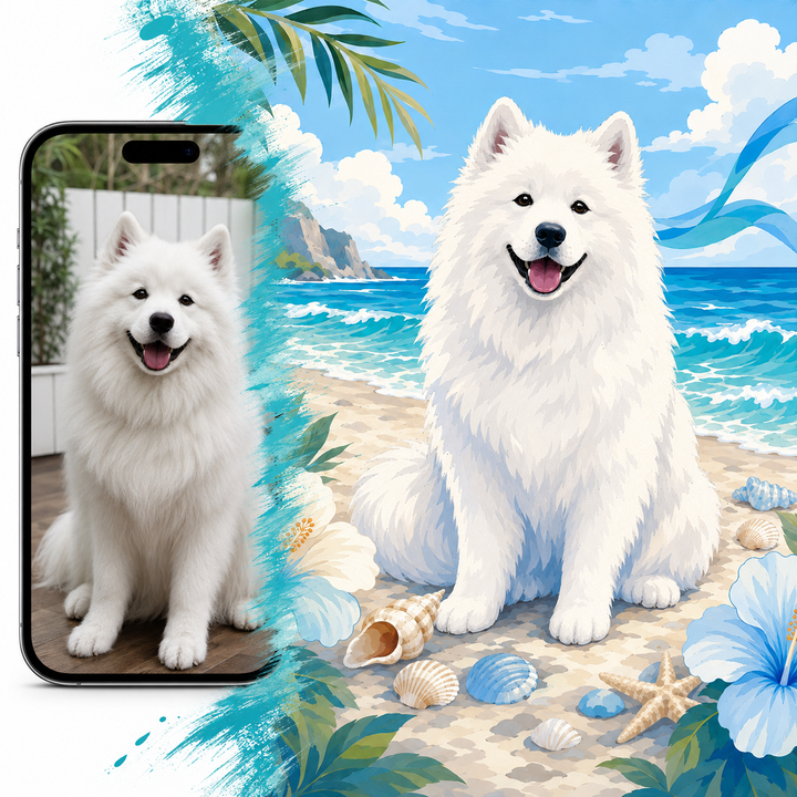 Custom white Samoyed dog portrait paint by numbers preview with pet photo on a phone and finished beach portrait with seashells, ocean waves, and blue flowers