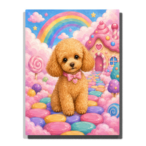 Custom poodle dog portrait Paint by Numbers artwork transforming a pet photo into a rainbow candyland fantasy dog with pastel clouds, candy castle and colorful path