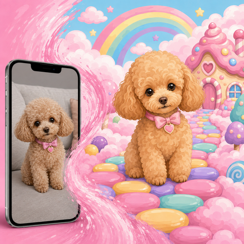 Custom poodle dog portrait Paint by Numbers artwork transforming a pet photo into a rainbow candyland fantasy dog with pastel clouds, candy castle and colorful path