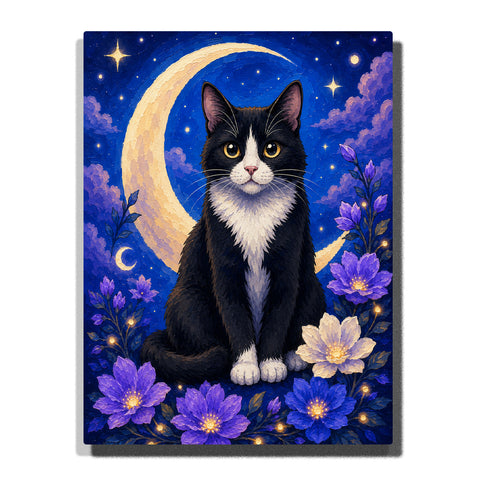 Custom black and white cat portrait Paint by Numbers artwork transforming a pet photo into a fantasy moonlight cat with crescent moon, blue flowers, stars and magical night background