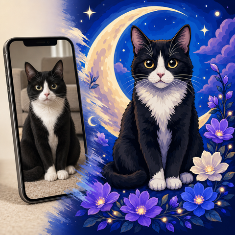 Custom black and white cat portrait Paint by Numbers artwork transforming a pet photo into a fantasy moonlight cat with crescent moon, blue flowers, stars and magical night background