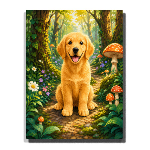Custom Golden Retriever dog portrait Paint by Numbers artwork transforming a pet photo into a fantasy forest adventure with flowers, mushrooms, woodland path and nature background