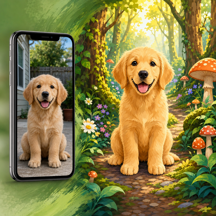 Custom Golden Retriever dog portrait Paint by Numbers artwork transforming a pet photo into a fantasy forest adventure with flowers, mushrooms, woodland path and nature background