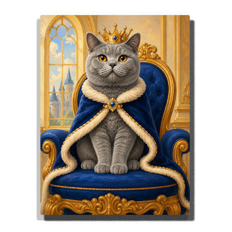 Custom gray cat portrait Paint by Numbers artwork transforming a pet photo into a royal cat king with golden crown, blue cape, throne and palace background