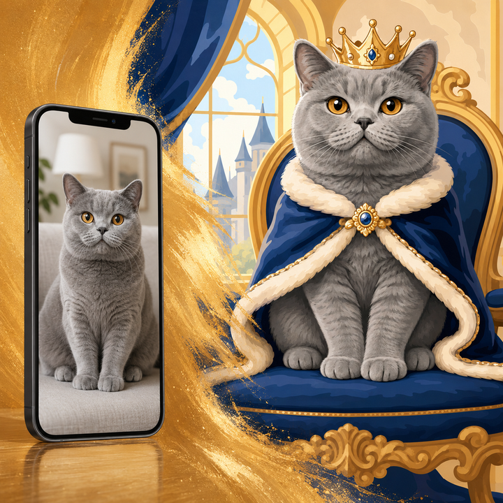 Custom gray cat portrait Paint by Numbers artwork transforming a pet photo into a royal cat king with golden crown, blue cape, throne and palace background