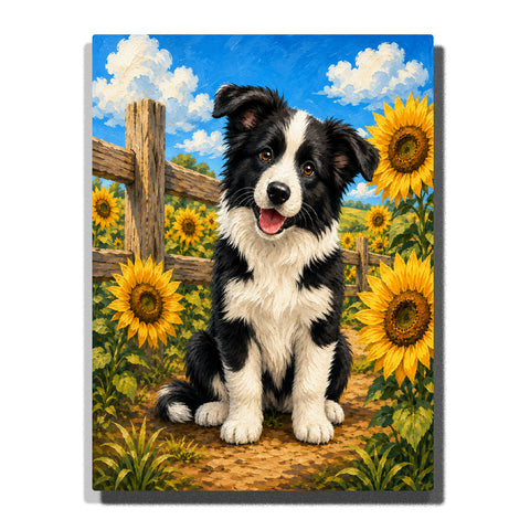 Border Collie Custom Pet Portrait Paint by Numbers For Adults featuring a black and white dog sitting among golden sunflowers with wooden fence and blue sky