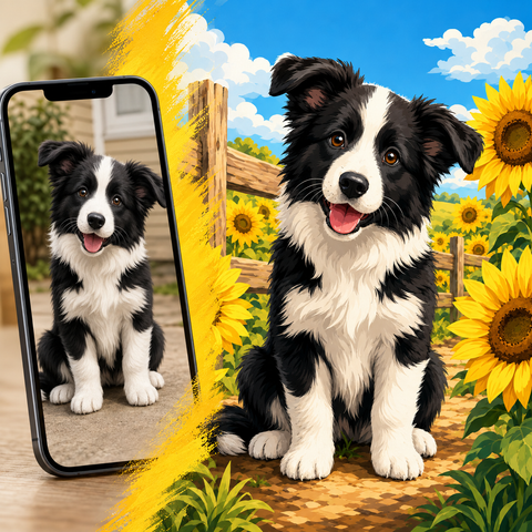 Border Collie Custom Pet Portrait Paint by Numbers For Adults featuring a black and white dog sitting among golden sunflowers with wooden fence and blue sky