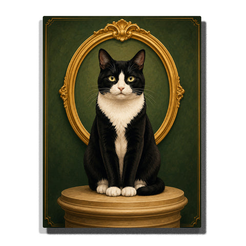Custom black and white cat portrait Paint by Numbers artwork transforming a pet photo into a royal cat with golden frame, pedestal and elegant dark green background
