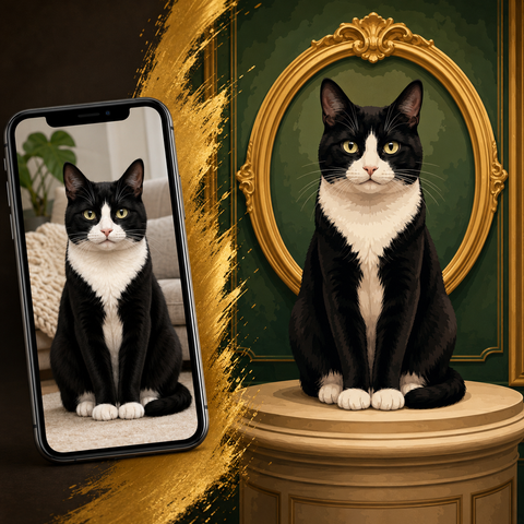 Custom black and white cat portrait Paint by Numbers artwork transforming a pet photo into a royal cat with golden frame, pedestal and elegant dark green background