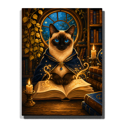 Siamese Cat Wizard Custom Pet Portrait Paint by Numbers For Adults featuring blue-eyed cat with dark cloak, glowing magic book, golden spells, candles and fantasy library