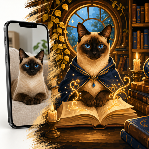 Siamese Cat Wizard Custom Pet Portrait Paint by Numbers For Adults featuring blue-eyed cat with dark cloak, glowing magic book, golden spells, candles and fantasy library