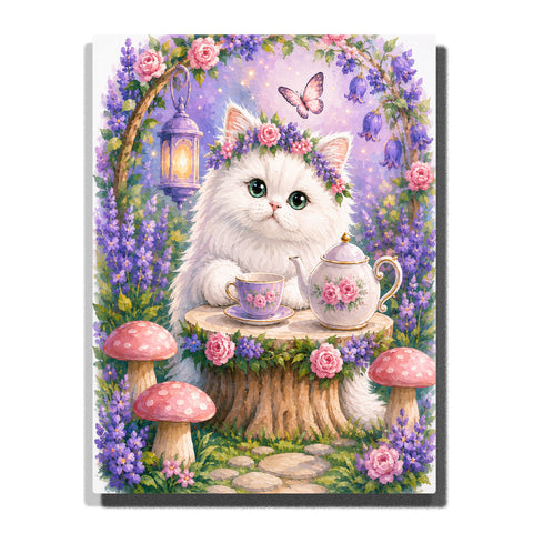 Custom white cat portrait Paint by Numbers artwork transforming a pet photo into a fairy garden fantasy cat with flowers, butterfly, tea set, lantern and magical woodland background