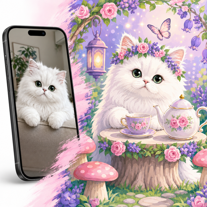 Custom white cat portrait Paint by Numbers artwork transforming a pet photo into a fairy garden fantasy cat with flowers, butterfly, tea set, lantern and magical woodland background