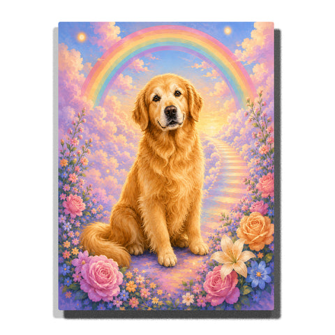 Custom Golden Retriever dog portrait Paint by Numbers artwork transforming a pet photo into a rainbow bridge scene with pastel clouds, flowers, glowing stairway and soft fantasy sky