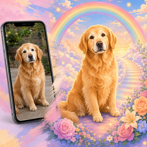 Custom Golden Retriever dog portrait Paint by Numbers artwork transforming a pet photo into a rainbow bridge scene with pastel clouds, flowers, glowing stairway and soft fantasy sky