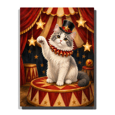 Custom cat portrait Paint by Numbers artwork transforming a pet photo into a circus performer cat with top hat, stage costume, spotlight, red curtains and theater background
