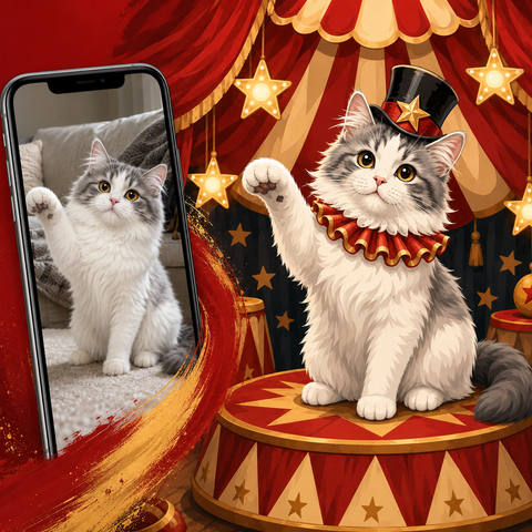 Custom cat portrait Paint by Numbers artwork transforming a pet photo into a circus performer cat with top hat, stage costume, spotlight, red curtains and theater background