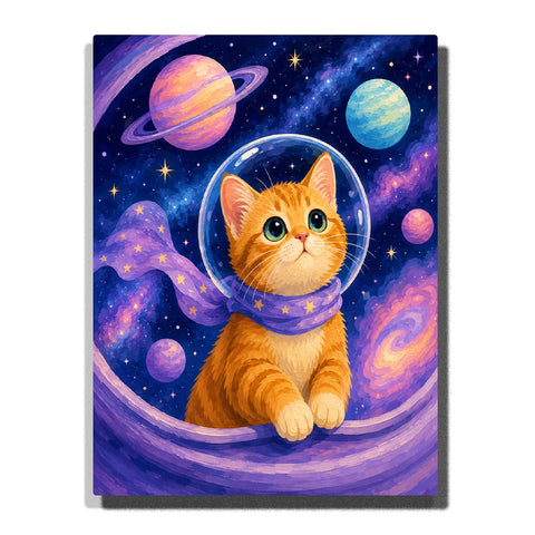 Custom orange cat portrait Paint by Numbers artwork transforming a pet photo into a space cat explorer with galaxy planets, stars, nebula clouds and cosmic background