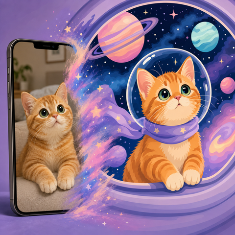 Custom orange cat portrait Paint by Numbers artwork transforming a pet photo into a space cat explorer with galaxy planets, stars, nebula clouds and cosmic background