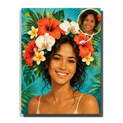 Custom tropical hibiscus floral crown portrait paint by number kit finished canvas preview