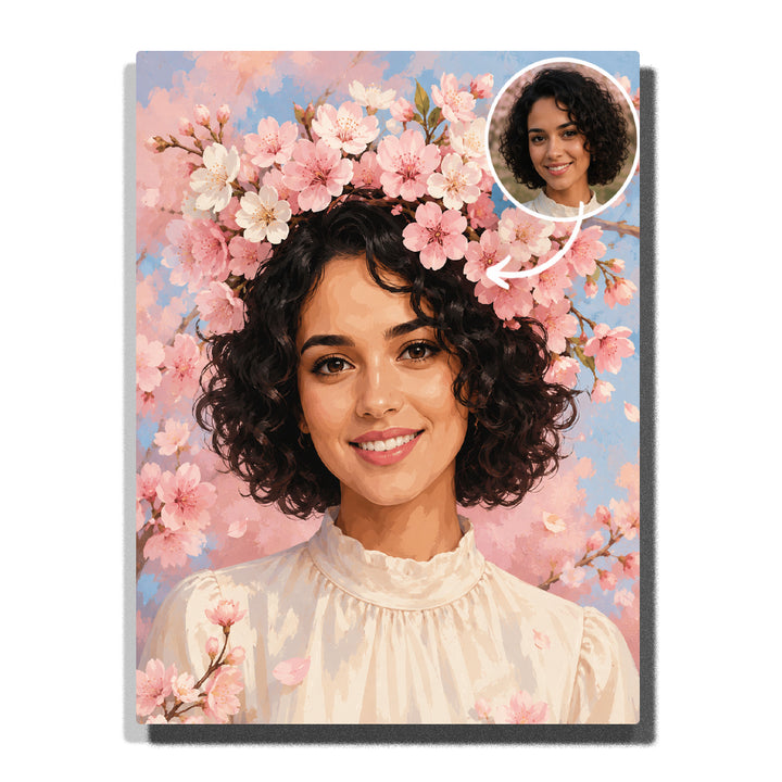Custom cherry blossom floral crown portrait paint by number kit finished canvas preview