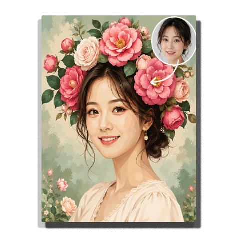Custom peony floral crown portrait paint by number kit finished canvas preview