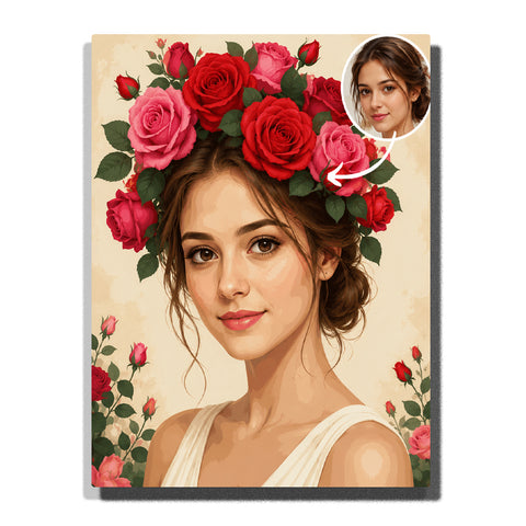 Custom red rose floral crown portrait paint by number kit finished canvas preview