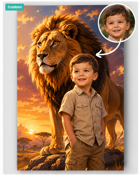 Custom portrait example showing a child beside a lion in a golden savanna