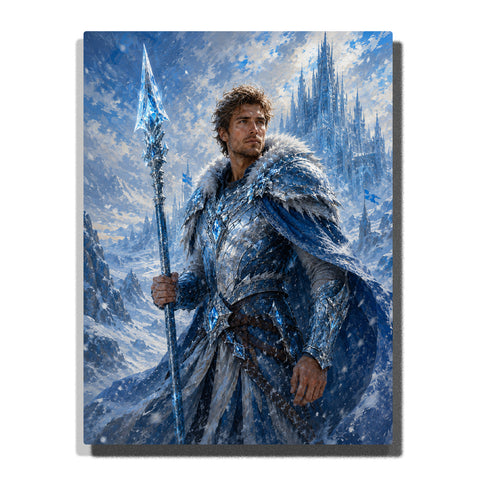 Ice Warrior Custom Self Portrait Paint by Numbers For Adults featuring personalized man in silver-blue crystal armor with spear, fur cloak, snow and frozen castle