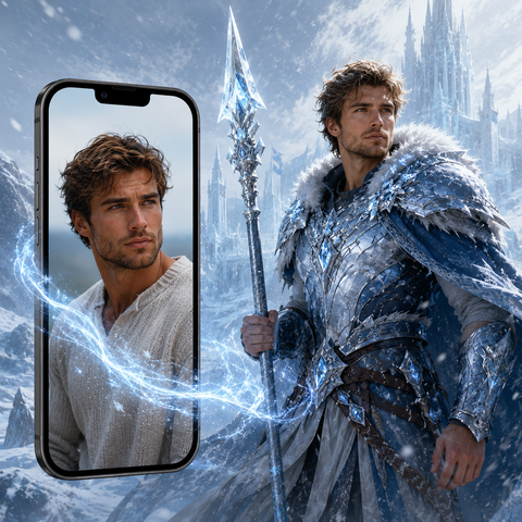 Ice Warrior Custom Self Portrait Paint by Numbers For Adults featuring personalized man in silver-blue crystal armor with spear, fur cloak, snow and frozen castle