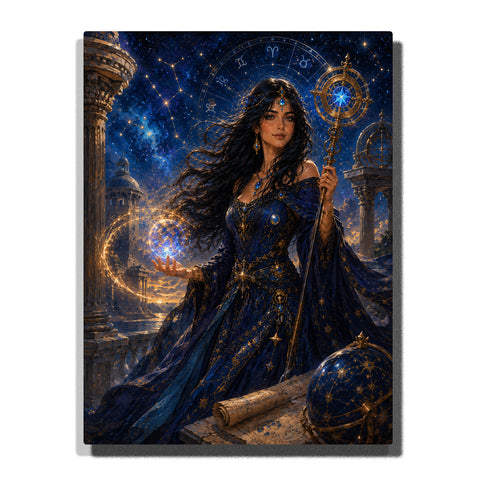 Celestial Zodiac Goddess Custom Self Portrait Paint by Numbers For Adults featuring personalized woman in midnight blue starry gown with glowing orb, zodiac wheel and ornate scepter