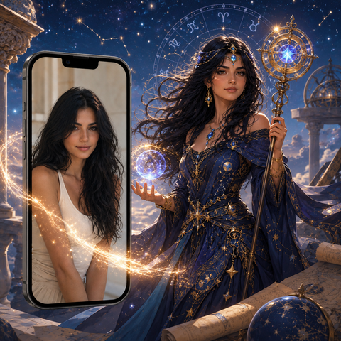 Celestial Zodiac Goddess Custom Self Portrait Paint by Numbers For Adults featuring personalized woman in midnight blue starry gown with glowing orb, zodiac wheel and ornate scepter