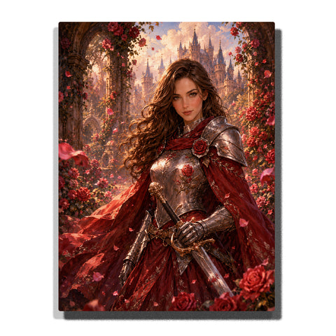 Custom crimson rose knight woman self portrait Paint by Numbers artwork transforming a personal photo into a fantasy warrior with silver armor, red cape, roses and castle background