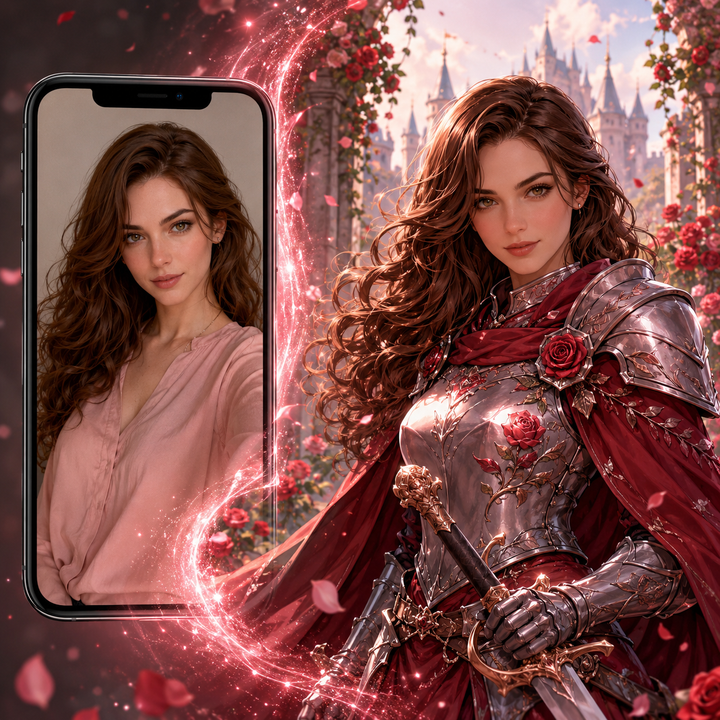 Custom crimson rose knight woman self portrait Paint by Numbers artwork transforming a personal photo into a fantasy warrior with silver armor, red cape, roses and castle background