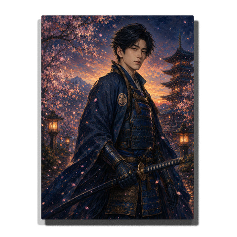 Custom Japanese samurai warrior man self portrait Paint by Numbers artwork transforming a personal photo into a traditional warrior with katana, armor, cherry blossoms and Japanese castle background