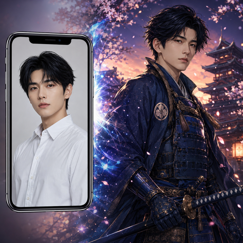 Custom Japanese samurai warrior man self portrait Paint by Numbers artwork transforming a personal photo into a traditional warrior with katana, armor, cherry blossoms and Japanese castle background