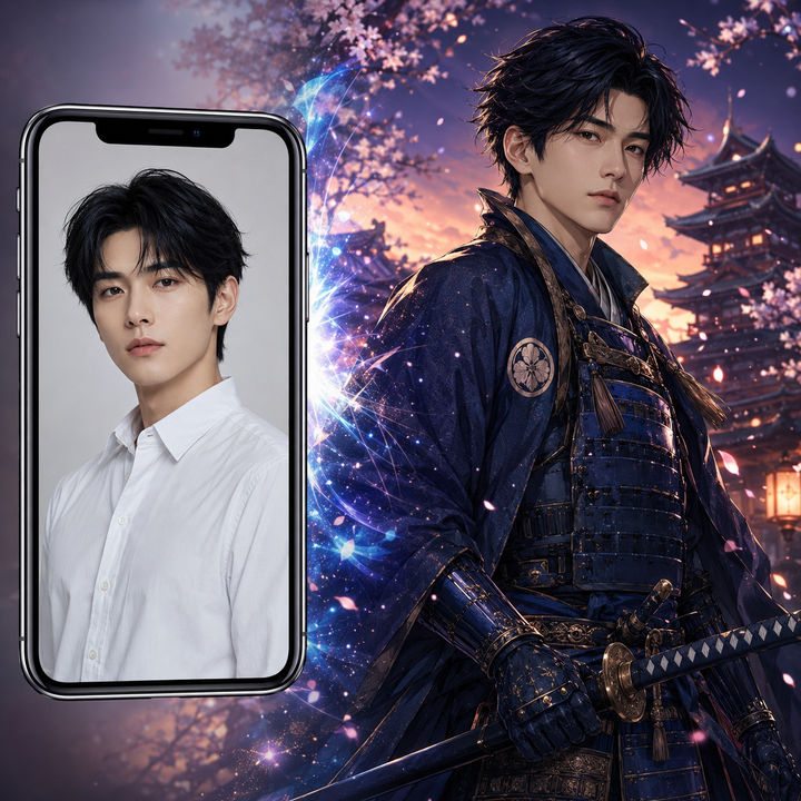 Custom Japanese samurai warrior man self portrait Paint by Numbers artwork transforming a personal photo into a traditional warrior with katana, armor, cherry blossoms and Japanese castle background