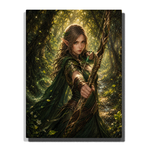 Custom forest elf archer woman self portrait Paint by Numbers artwork transforming a personal photo into a fantasy woodland warrior with bow, green armor and magical forest background