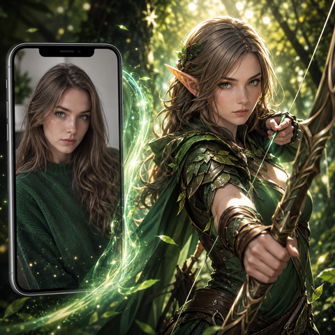 Custom forest elf archer woman self portrait Paint by Numbers artwork transforming a personal photo into a fantasy woodland warrior with bow, green armor and magical forest background