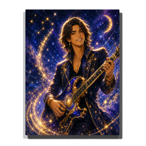 Custom fantasy rockstar musician self portrait Paint by Numbers artwork transforming a personal photo into a guitar player character with cosmic stars, magical energy and blue fantasy background