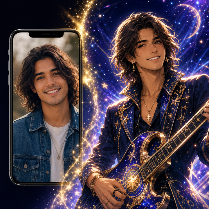 Custom fantasy rockstar musician self portrait Paint by Numbers artwork transforming a personal photo into a guitar player character with cosmic stars, magical energy and blue fantasy background