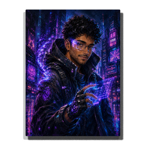 Custom cyberpunk tech warrior self portrait Paint by Numbers artwork transforming a personal photo into a futuristic character with neon armor, digital effects and sci-fi city background