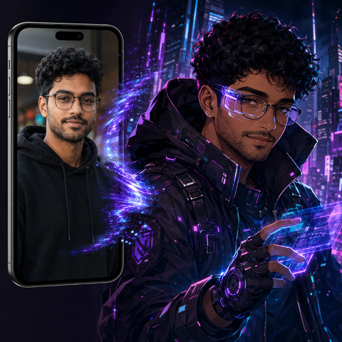 Custom cyberpunk tech warrior self portrait Paint by Numbers artwork transforming a personal photo into a futuristic character with neon armor, digital effects and sci-fi city background