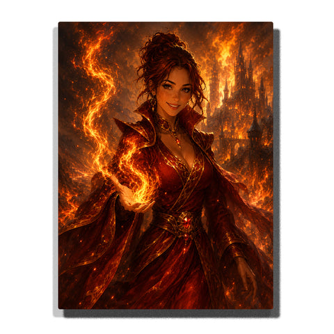 Custom fire mage woman self portrait Paint by Numbers artwork transforming a personal photo into a fantasy heroine with glowing flames, magical energy and dramatic fantasy background