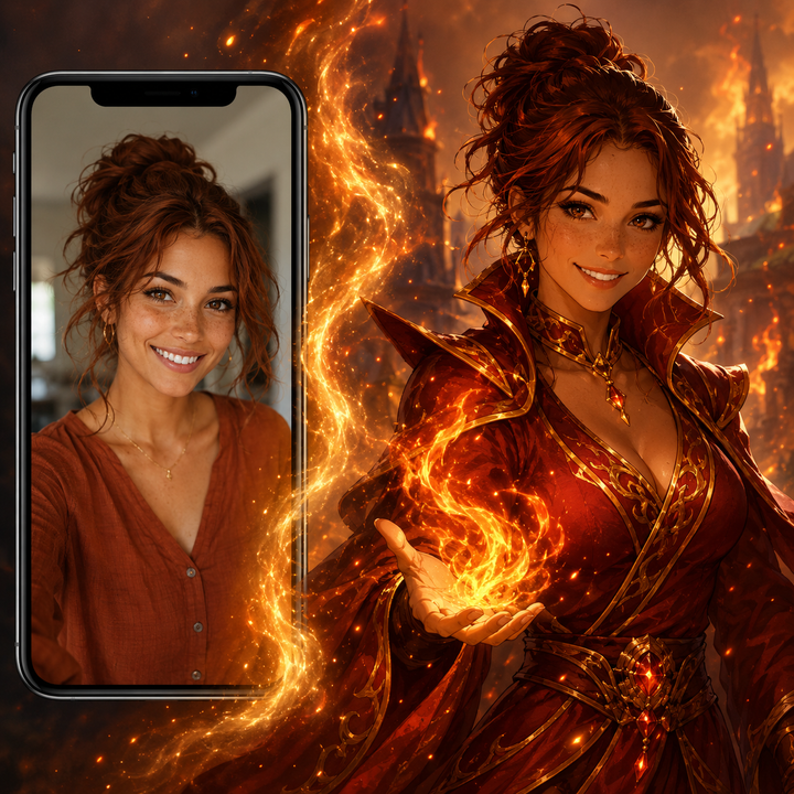 Custom fire mage woman self portrait Paint by Numbers artwork transforming a personal photo into a fantasy heroine with glowing flames, magical energy and dramatic fantasy background