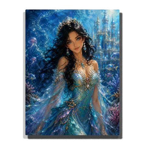 Custom ocean mermaid woman self portrait Paint by Numbers artwork transforming a personal photo into a fantasy underwater heroine with blue dress, pearl accessories and magical ocean background